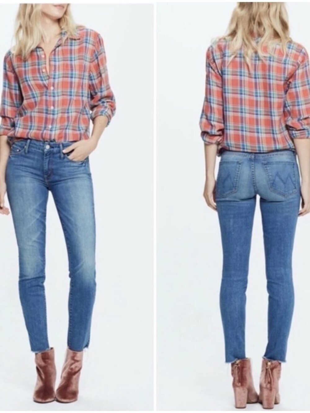 MOTHER Looker Ankle Fray Birds of Paradise Denim Blue Jeans 32 NWT